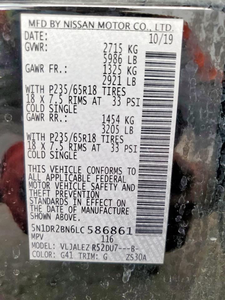 2020 Nissan Pathfinder Sv VIN: 5N1DR2BN6LC586861 Lot: 85654425