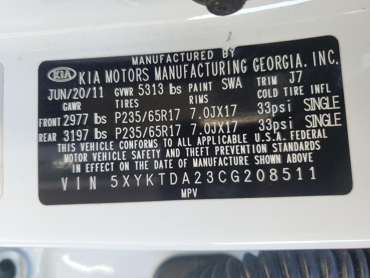 2012 Kia Sorento Base VIN: 5XYKTDA23CG208511 Lot: 85858285