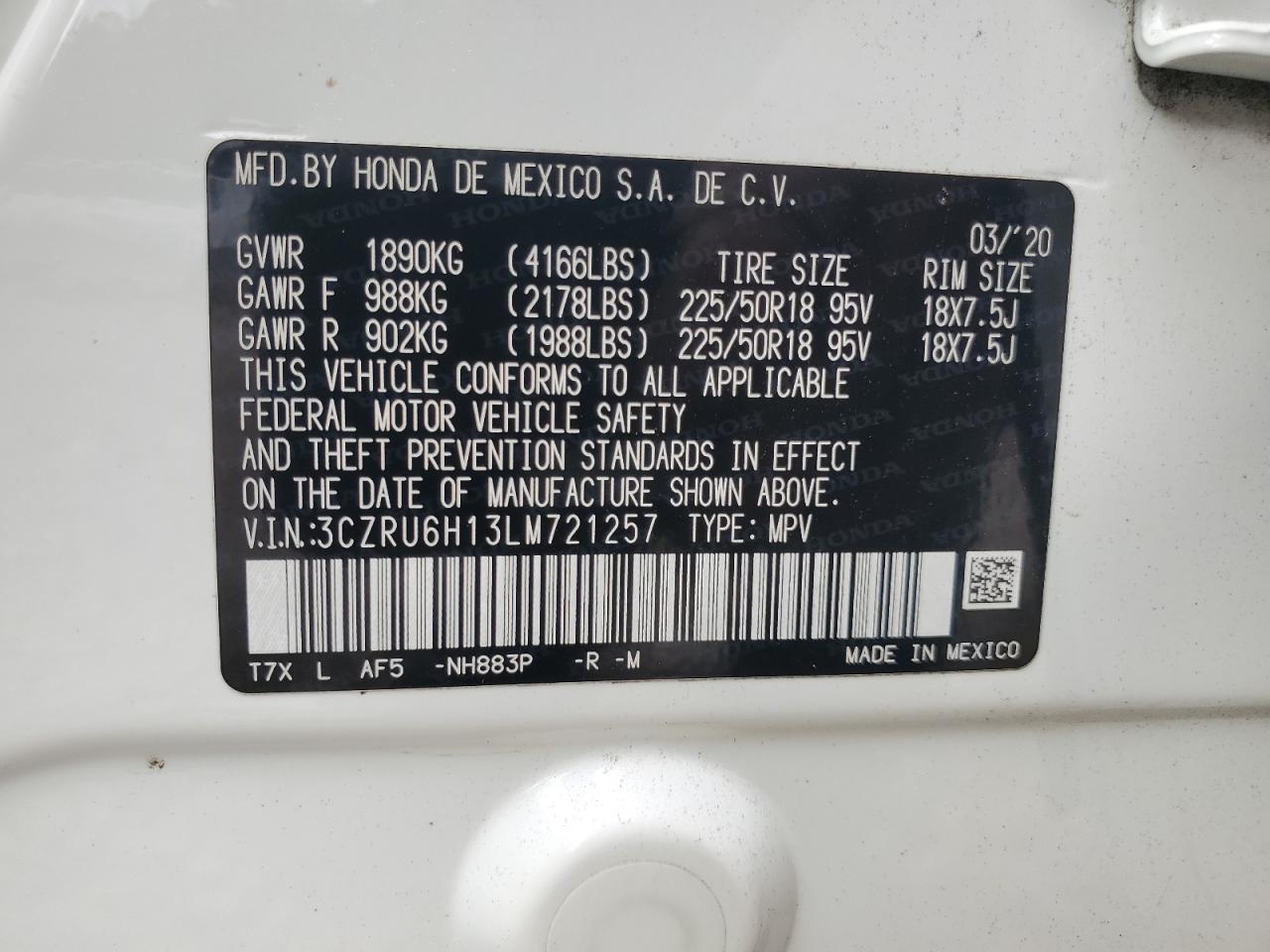 2020 Honda Hr-V Sport VIN: 3CZRU6H13LM721257 Lot: 85356225