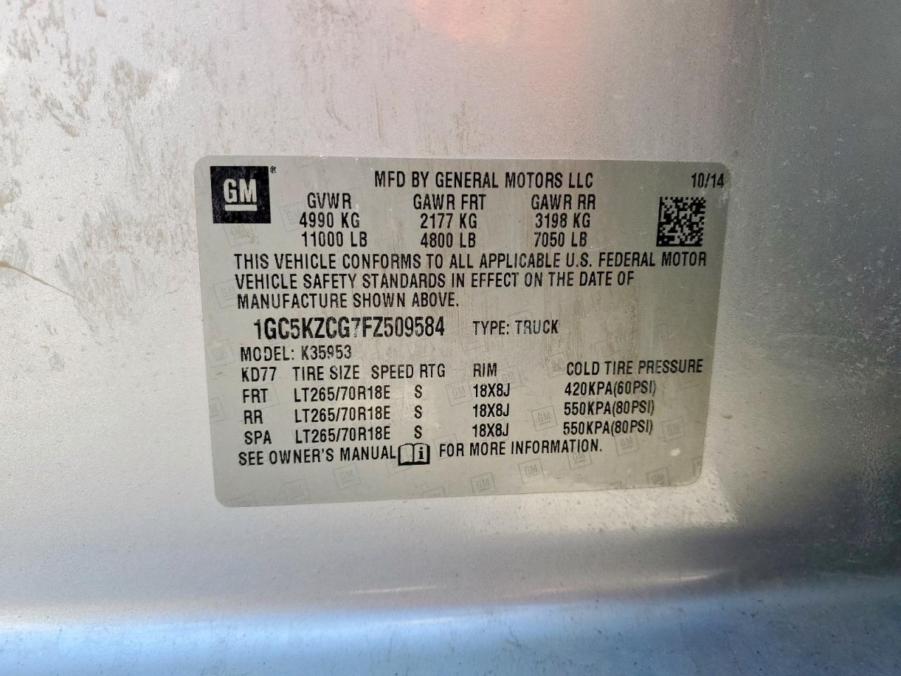 2015 Chevrolet Silverado K3500 Lt VIN: 1GC5KZCG7FZ509584 Lot: 85346465