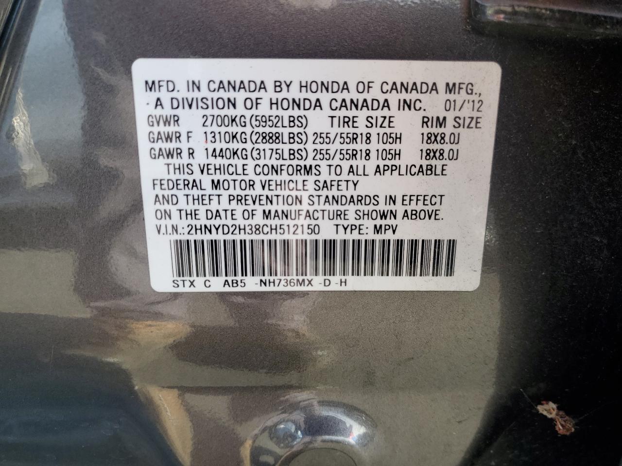 2012 Acura Mdx Technology VIN: 2HNYD2H38CH512150 Lot: 85130115