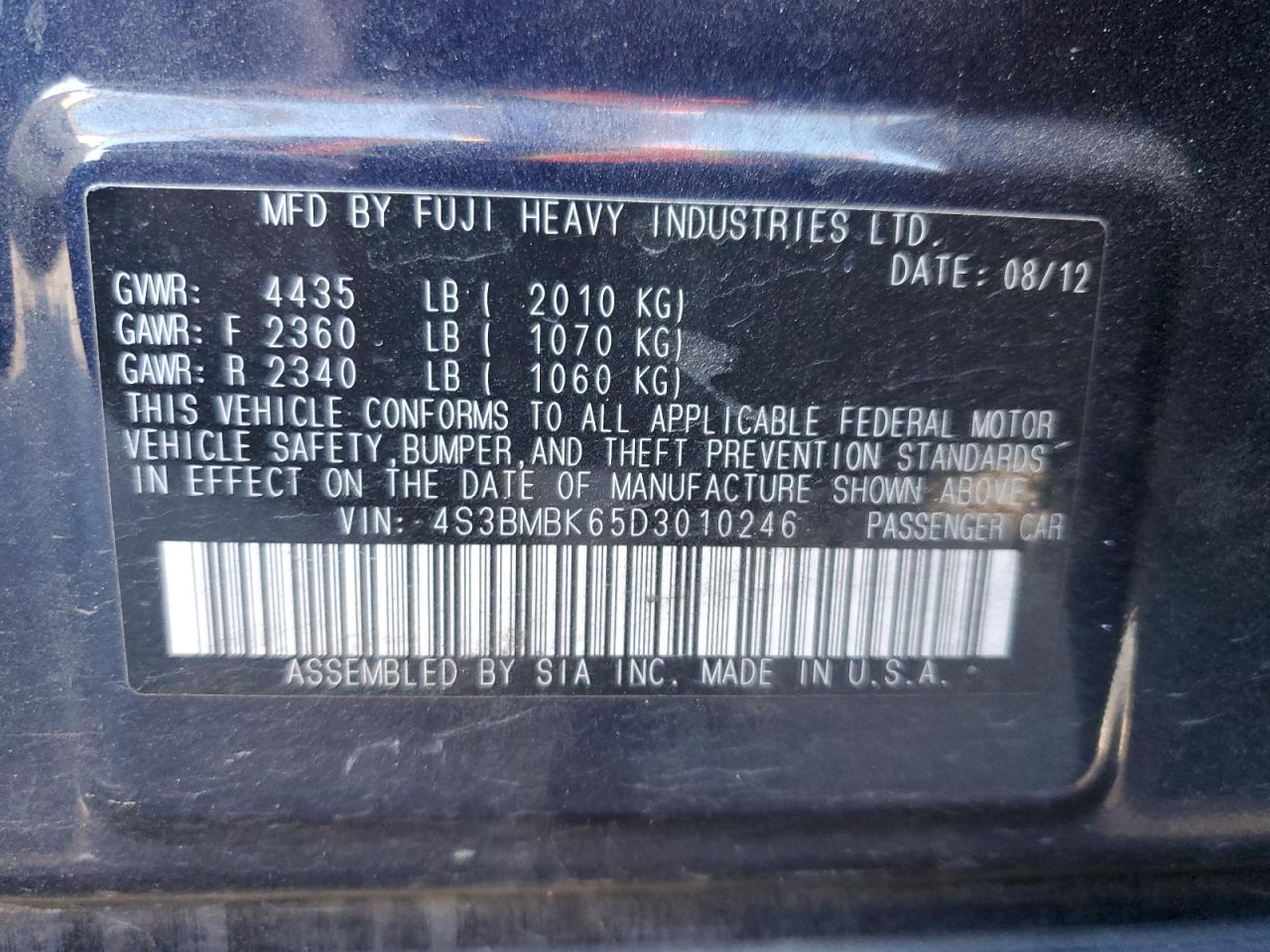 2013 Subaru Legacy 2.5I Limited VIN: 4S3BMBK65D3010246 Lot: 82768565