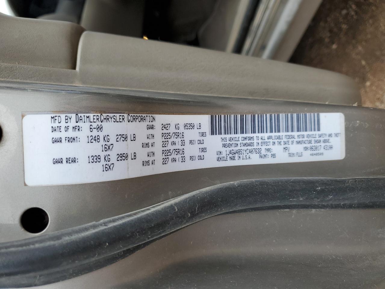 2000 Jeep Grand Cherokee Laredo VIN: 1J4GW48S1YC407632 Lot: 84795955