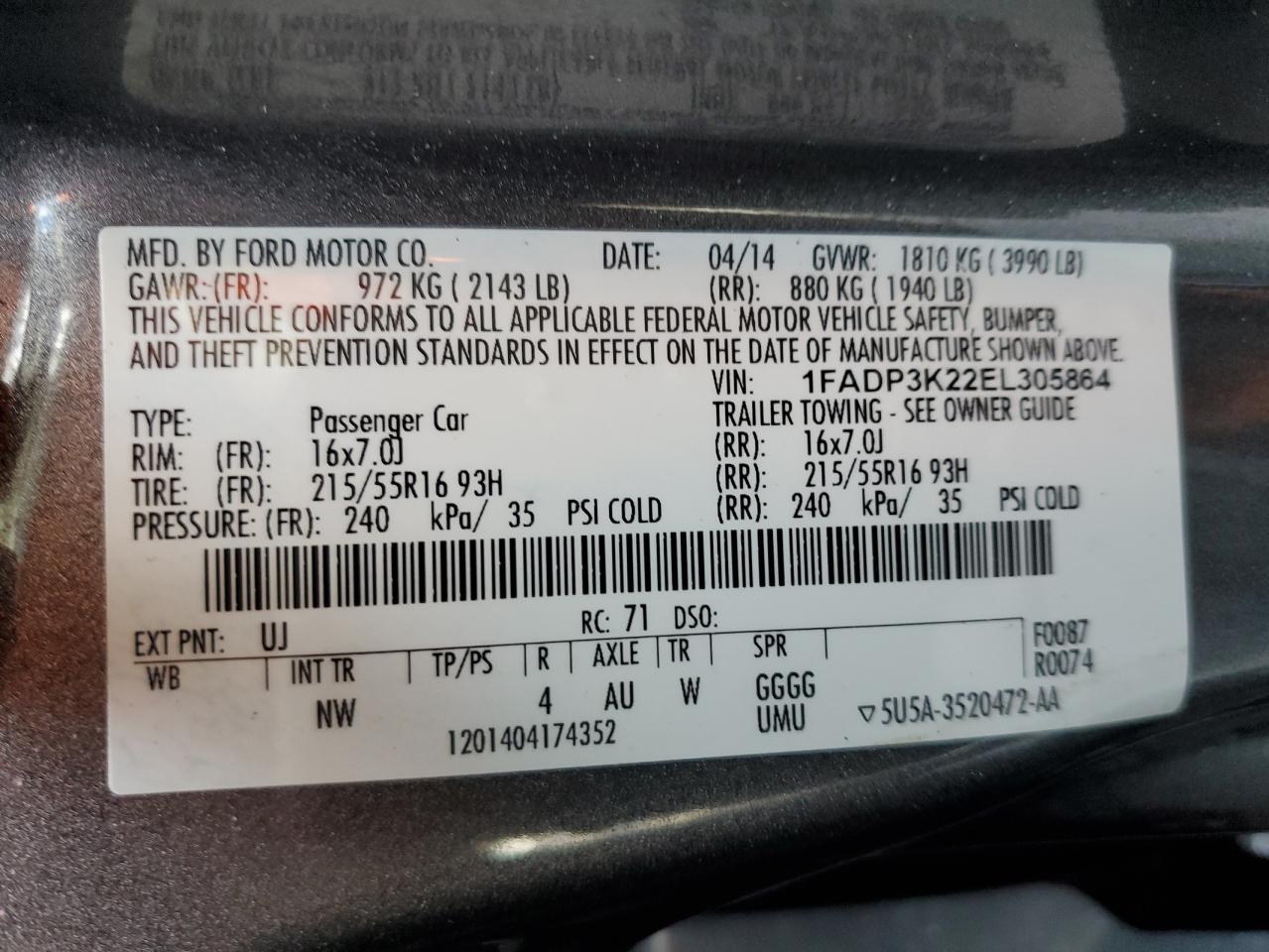 2014 Ford Focus Se VIN: 1FADP3K22EL305864 Lot: 84931425