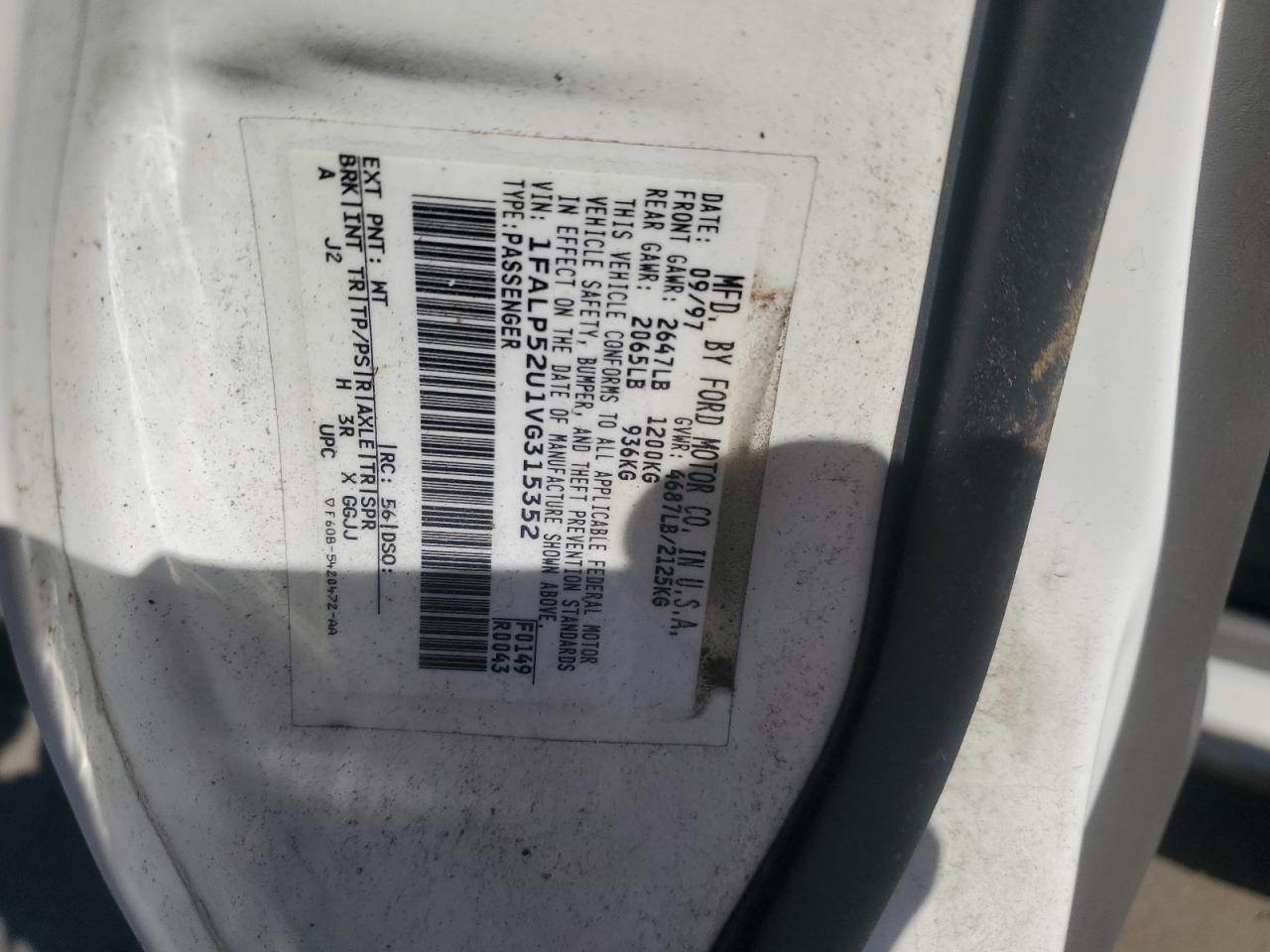 1997 Ford Taurus Gl VIN: 1FALP52U1VG315352 Lot: 86833145