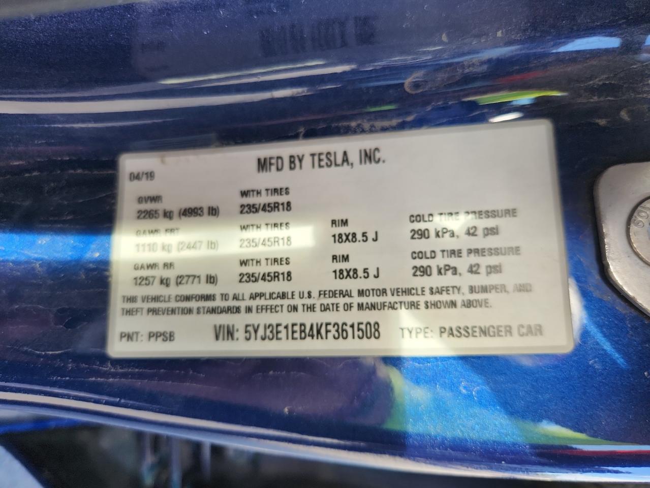 2019 Tesla Model 3 VIN: 5YJ3E1EB4KF361508 Lot: 84562075
