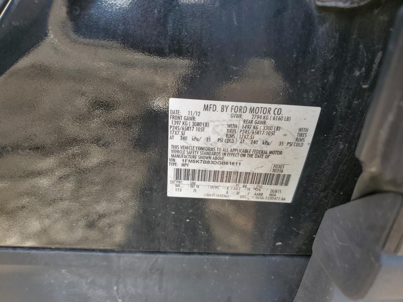 2013 Ford Explorer VIN: 1FM5K7B83DGB61611 Lot: 84901005