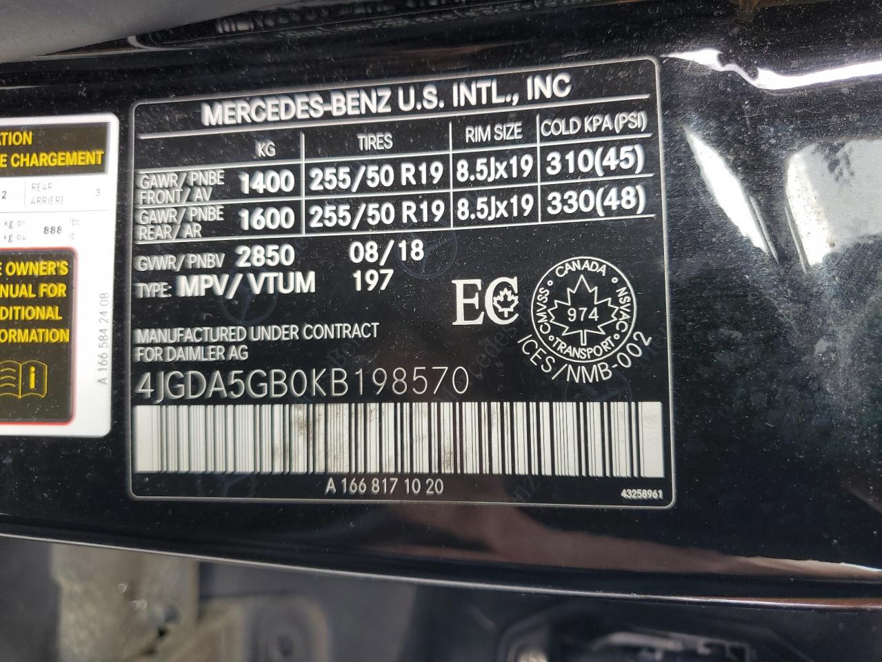 2019 Mercedes-Benz Gle 400 4Matic VIN: 4JGDA5GB0KB198570 Lot: 84723705