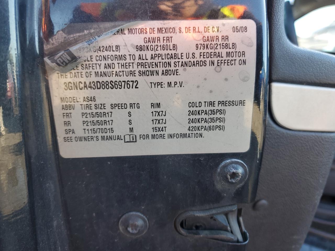 2008 Chevrolet Hhr Lt VIN: 3GNCA43D88S697672 Lot: 85575615