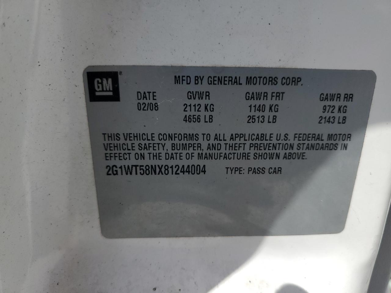 2008 Chevrolet Impala Lt VIN: 2G1WT58NX81244004 Lot: 84874815