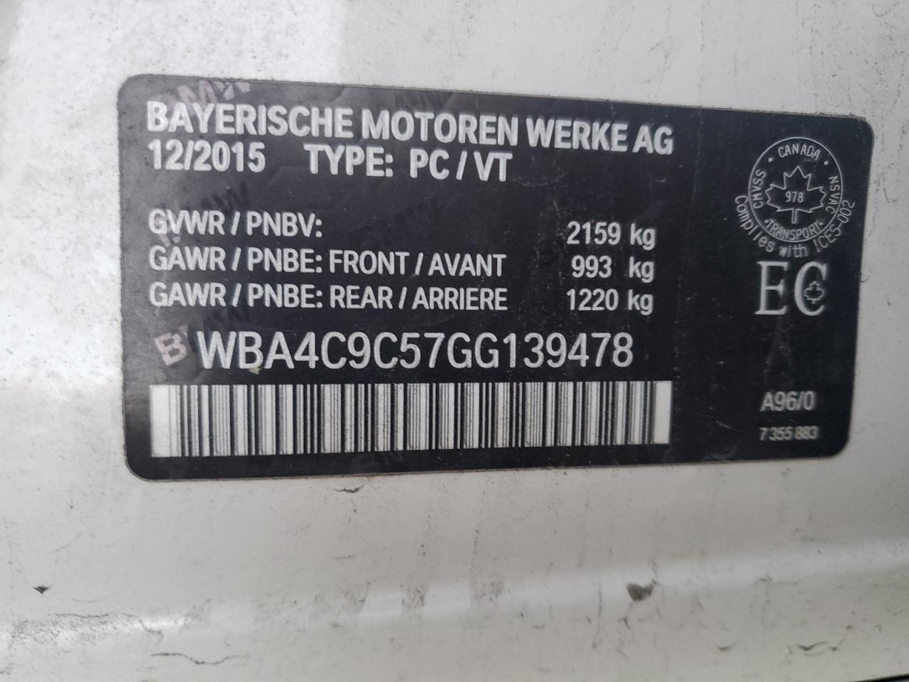 2016 BMW 428 Xi Gran Coupe Sulev VIN: WBA4C9C57GG139478 Lot: 85175155