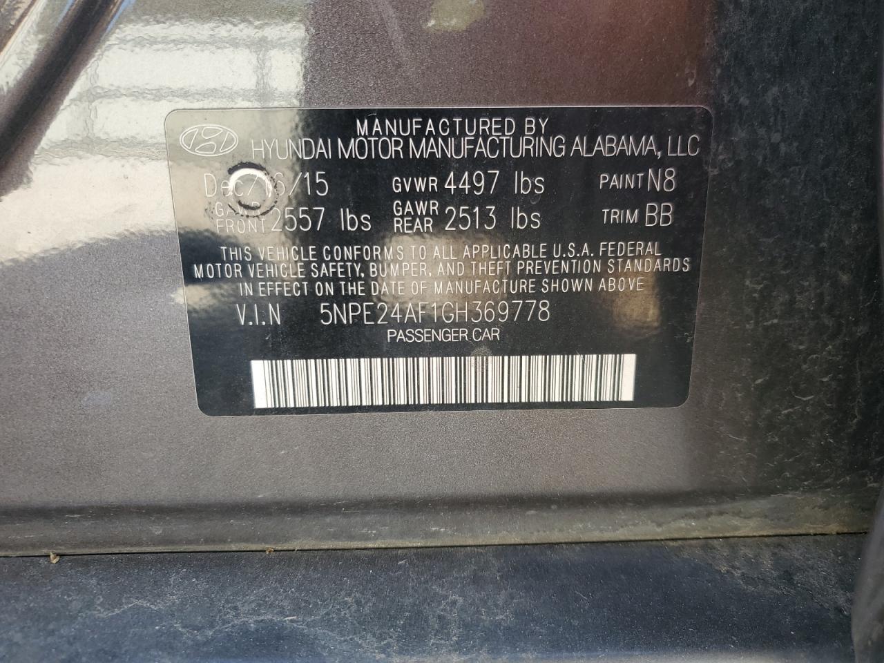 2016 Hyundai Sonata Se VIN: 5NPE24AF1GH369778 Lot: 85938285