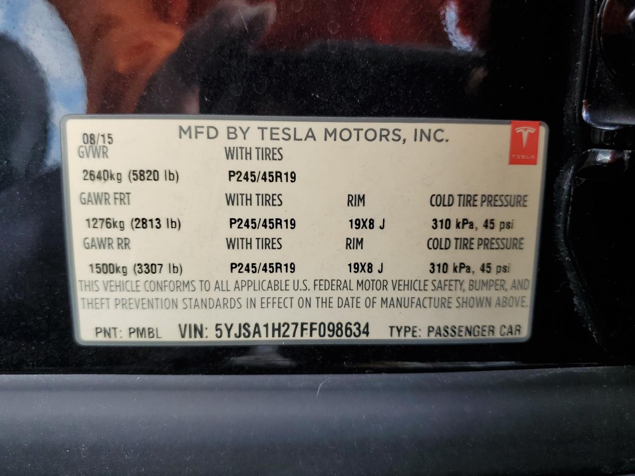 2015 Tesla Model S 85D VIN: 5YJSA1H27FF098634 Lot: 85361935