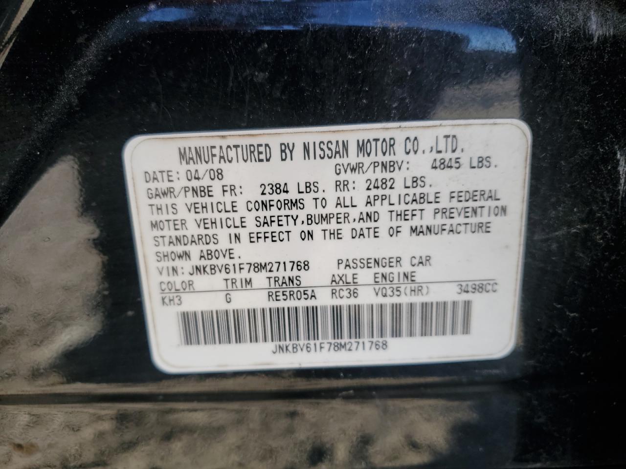 2008 Infiniti G35 VIN: JNKBV61F78M271768 Lot: 81739935