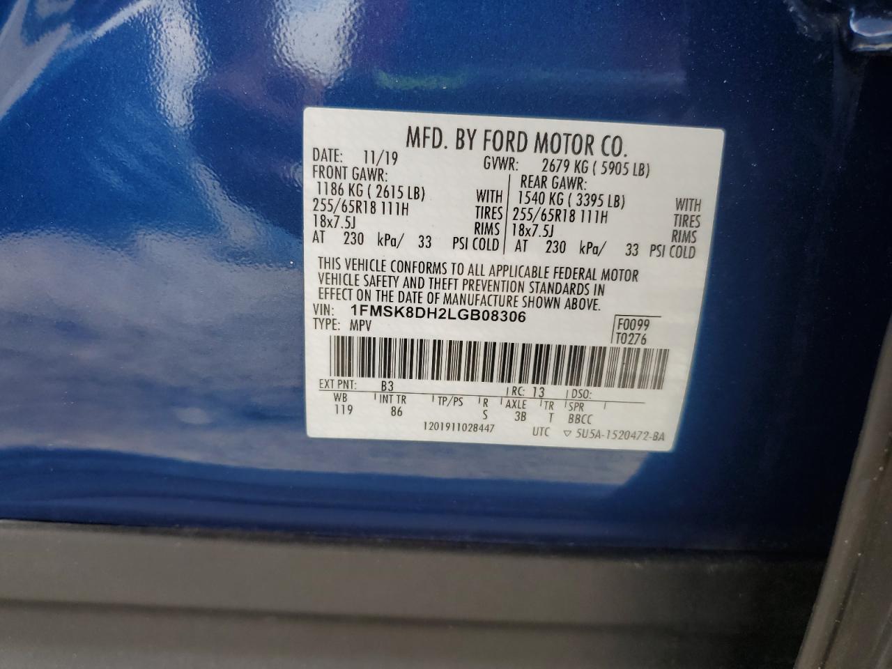 2020 Ford Explorer Xlt VIN: 1FMSK8DH2LGB08306 Lot: 82293925