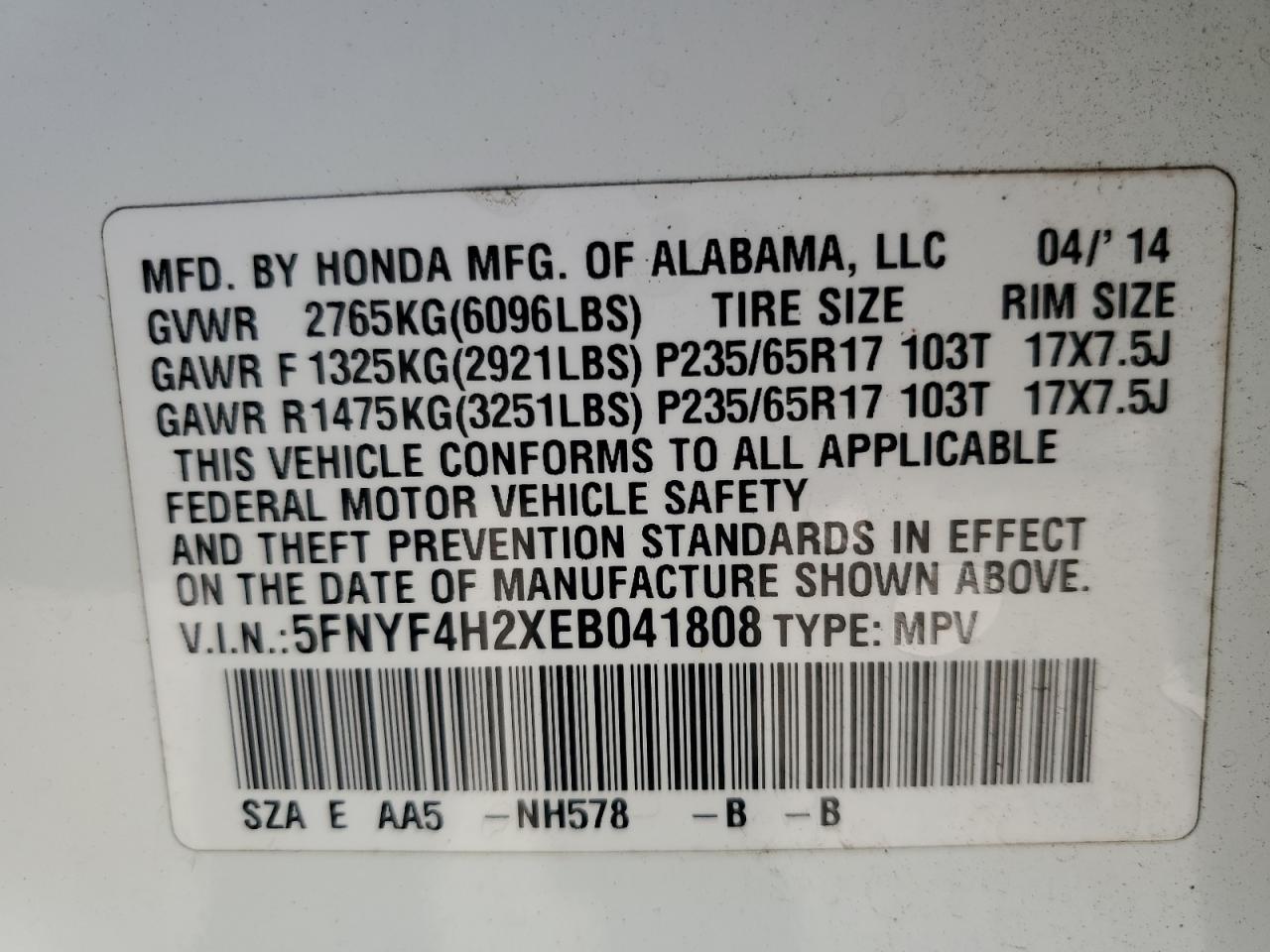 2014 Honda Pilot Lx VIN: 5FNYF4H2XEB041808 Lot: 85098165