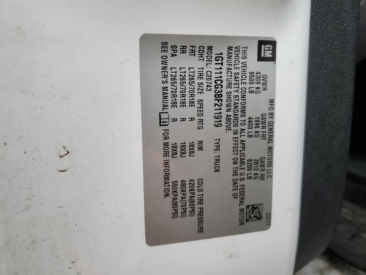 2011 GMC Sierra C2500 Slt VIN: 1GT111CG3BF211919 Lot: 84467455