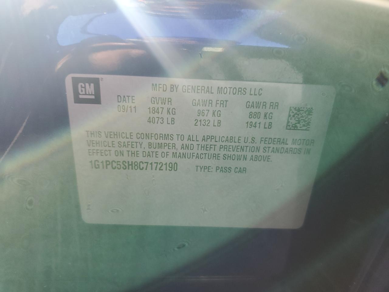 2012 Chevrolet Cruze Ls VIN: 1G1PC5SH8C7172190 Lot: 85851115