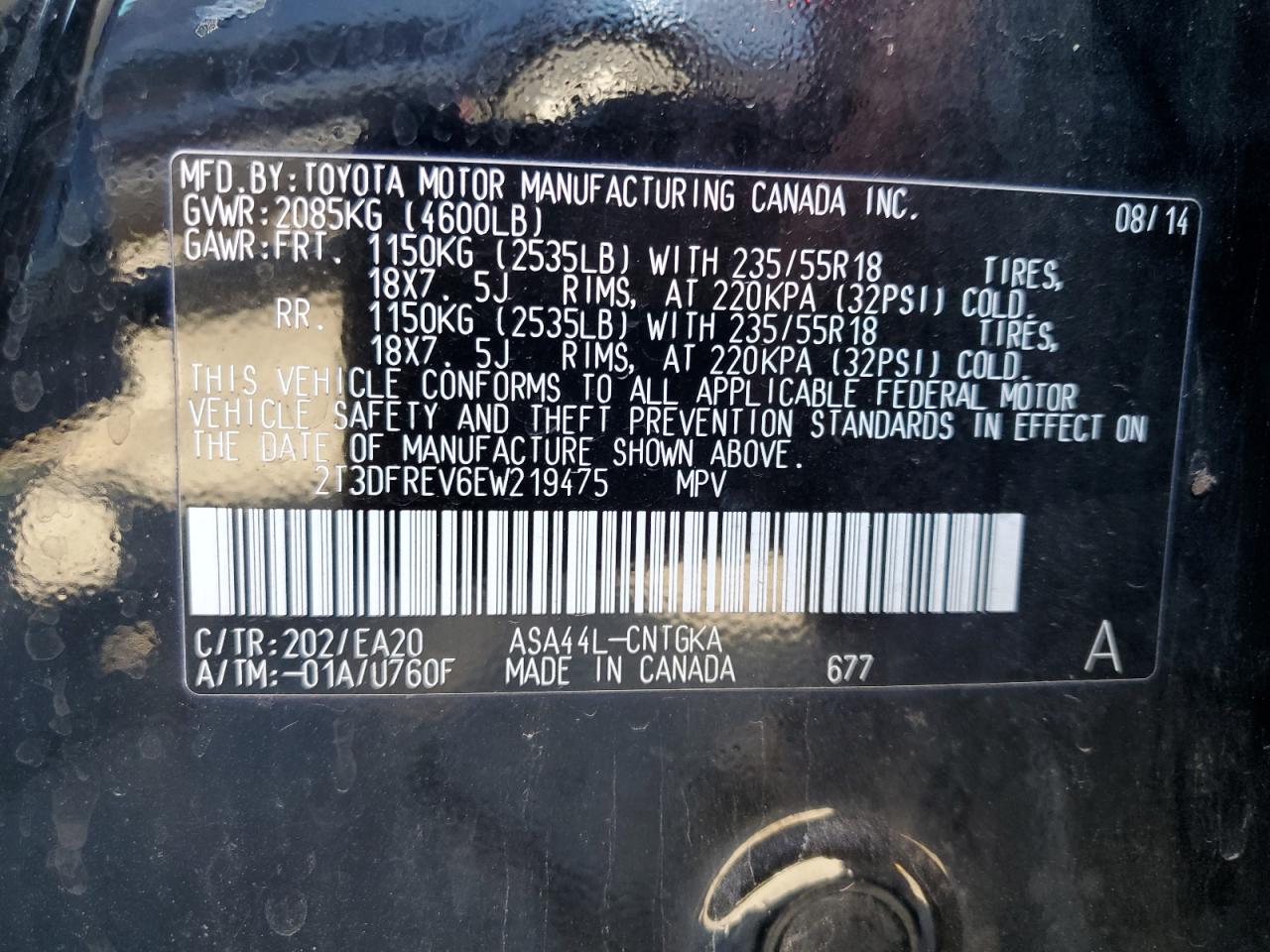 2014 Toyota Rav4 Limited VIN: 2T3DFREV6EW219475 Lot: 85338955