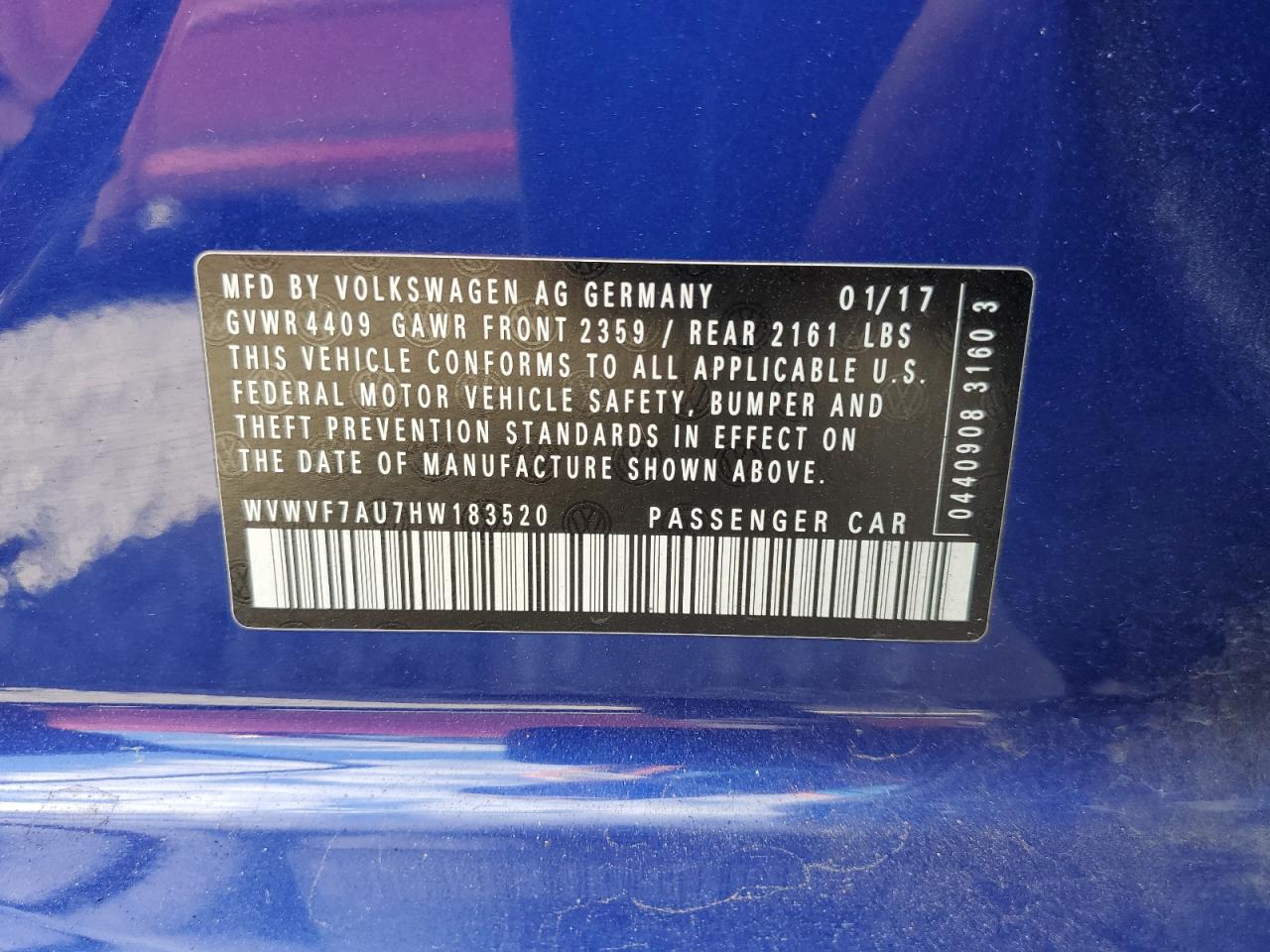 2017 Volkswagen Golf R VIN: WVWVF7AU7HW183520 Lot: 85653475