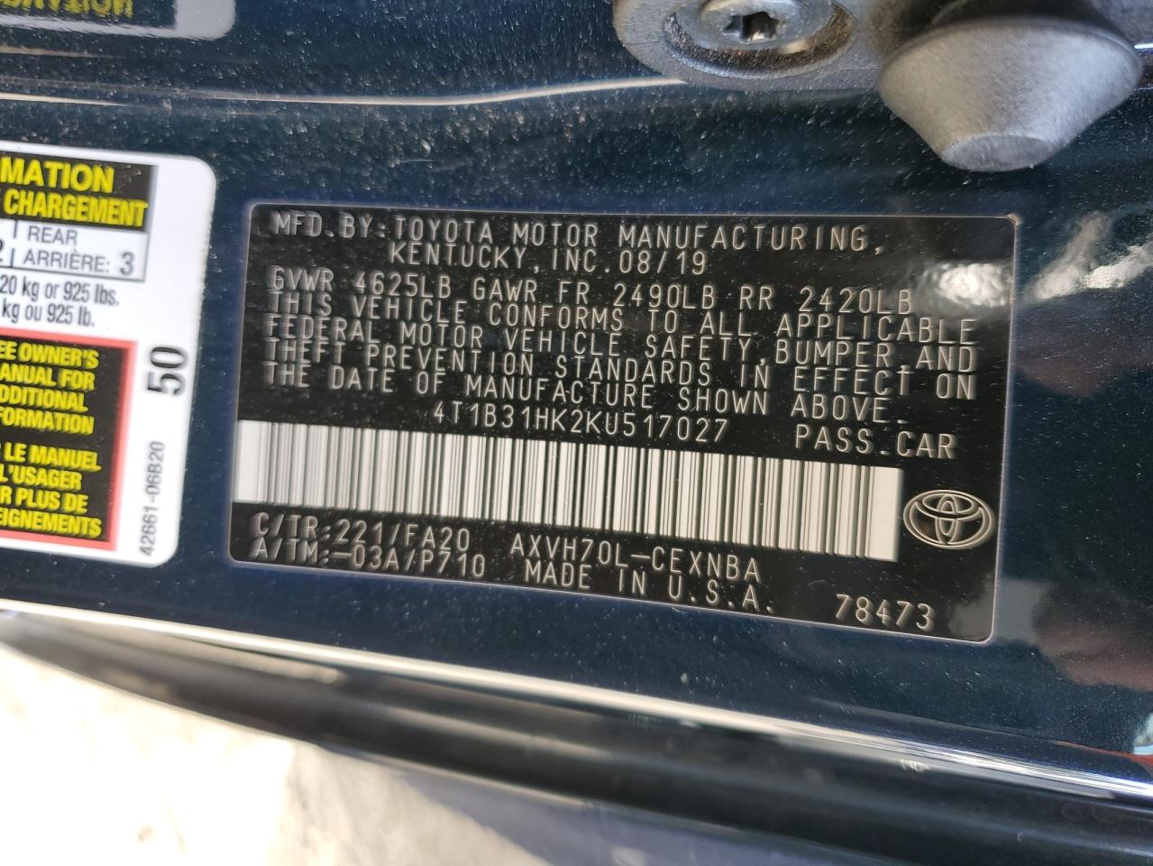 2019 Toyota Camry Le VIN: 4T1B31HK2KU517027 Lot: 85885055