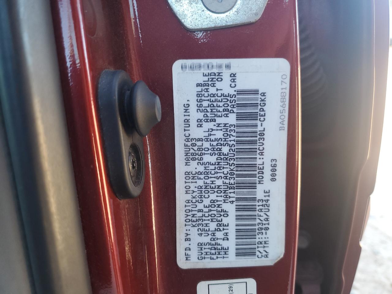 2003 Toyota Camry Le VIN: 4T1BE30K53U251733 Lot: 86179725