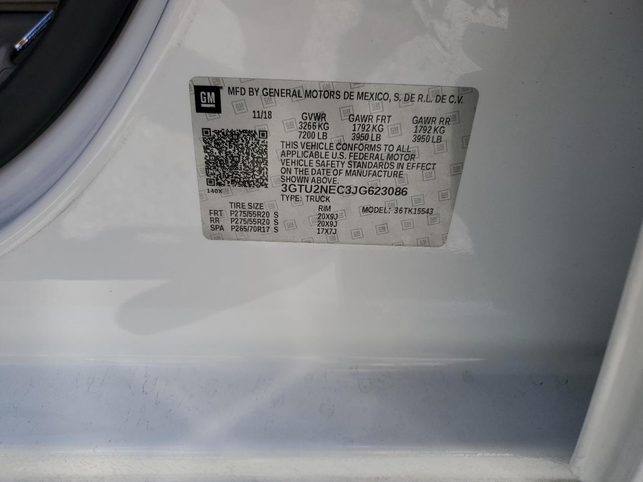 2018 GMC Sierra K1500 Slt VIN: 3GTU2NEC3JG623086 Lot: 90537125