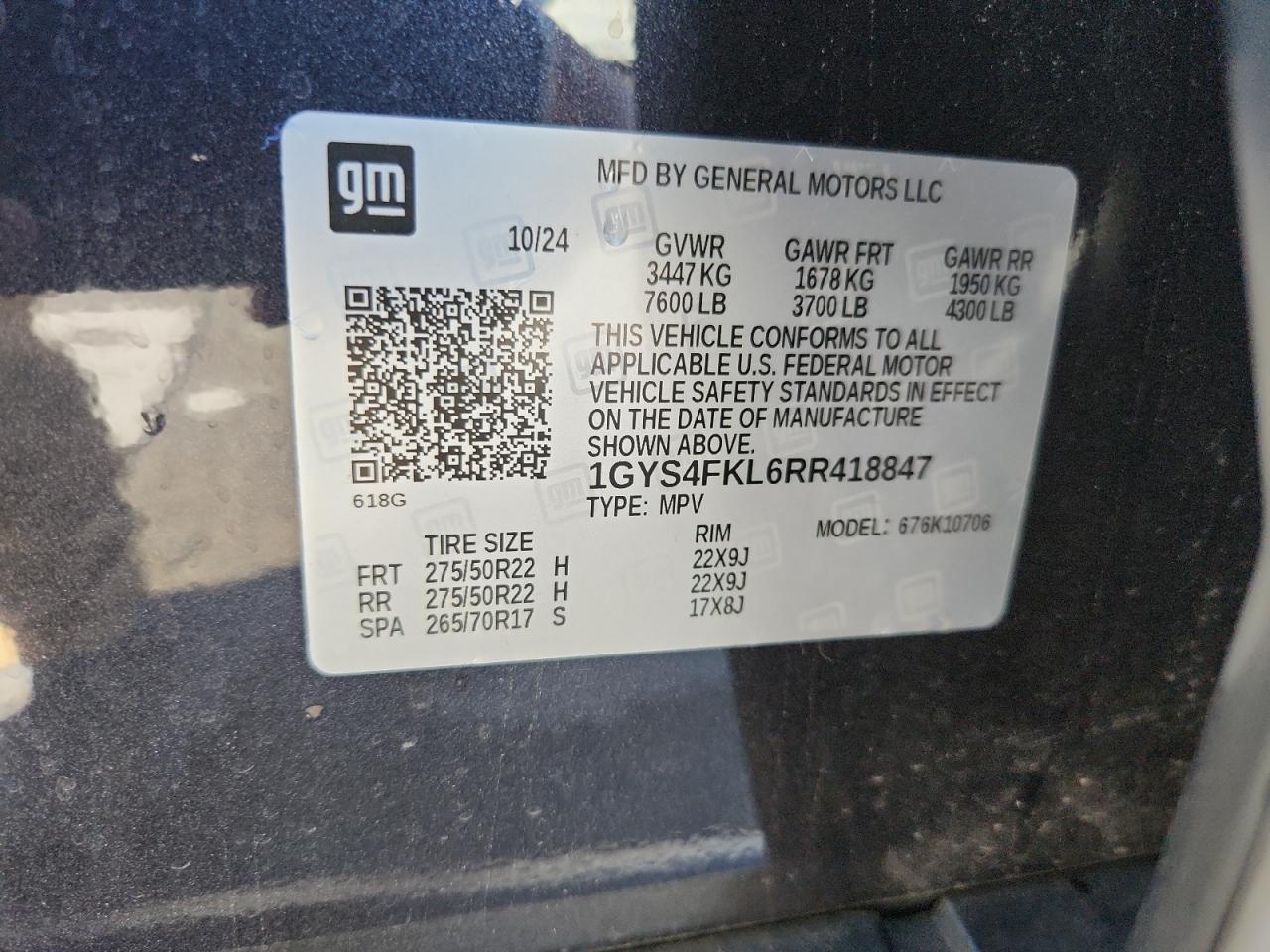 2024 Cadillac Escalade Sport VIN: 1GYS4FKL6RR418847 Lot: 86063625