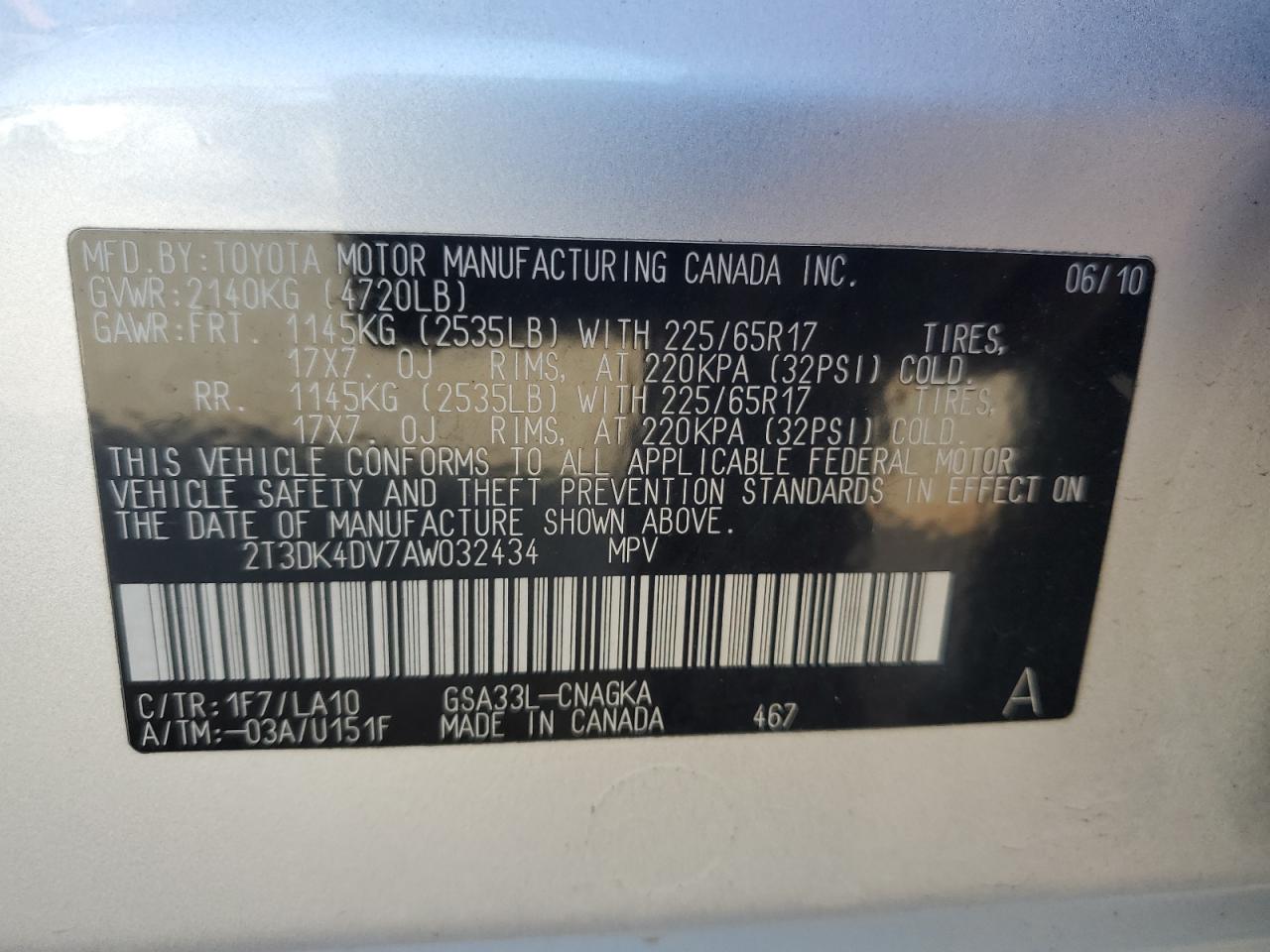 2010 Toyota Rav4 Limited VIN: 2T3DK4DV7AW032434 Lot: 85401345