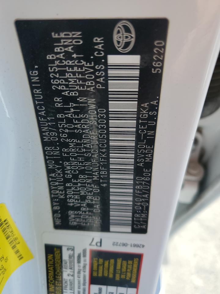 2012 Toyota Camry Base VIN: 4T1BF1FK4CU503030 Lot: 85301925