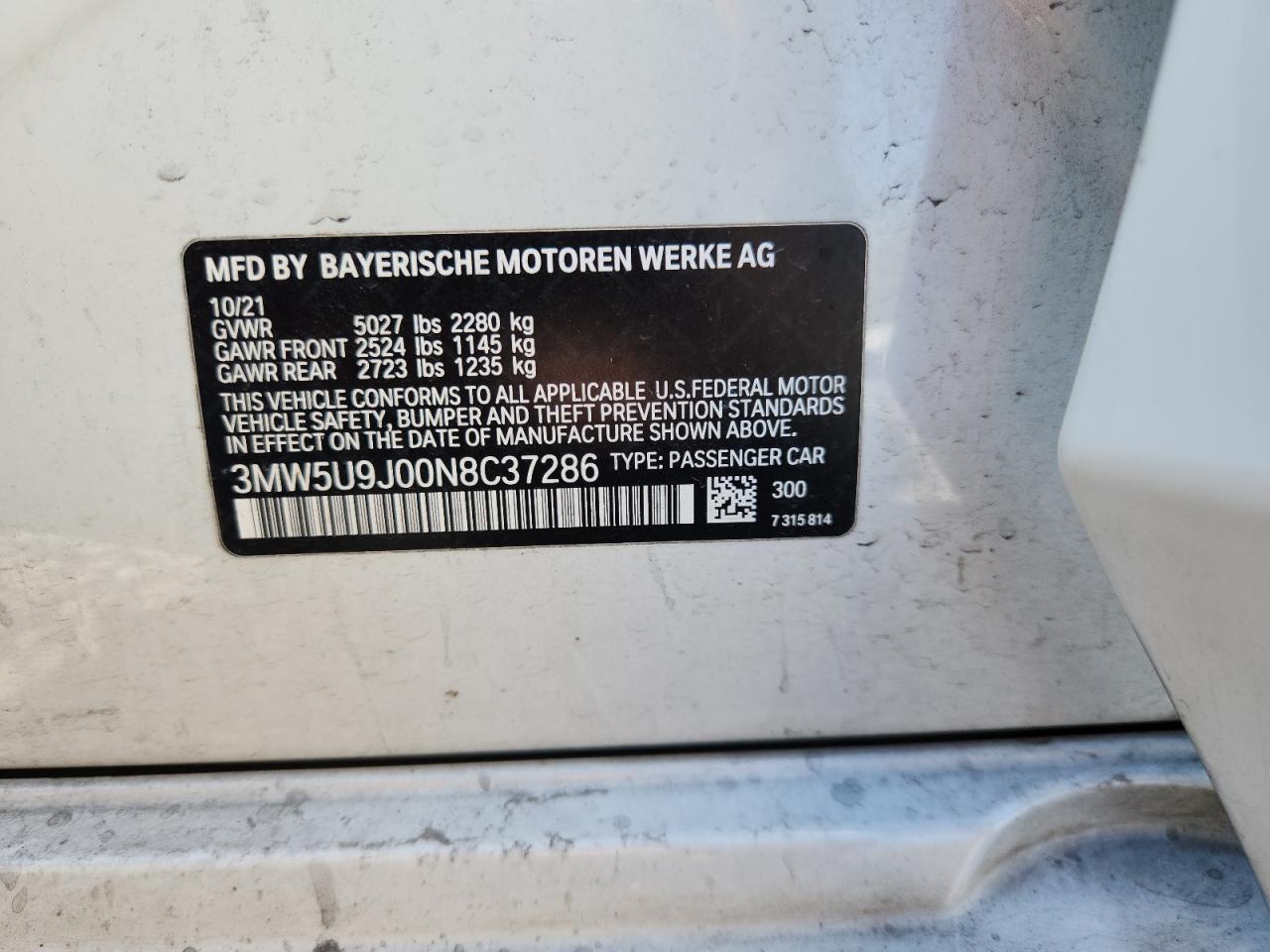 2022 BMW M340Xi VIN: 3MW5U9J00N8C37286 Lot: 89519815