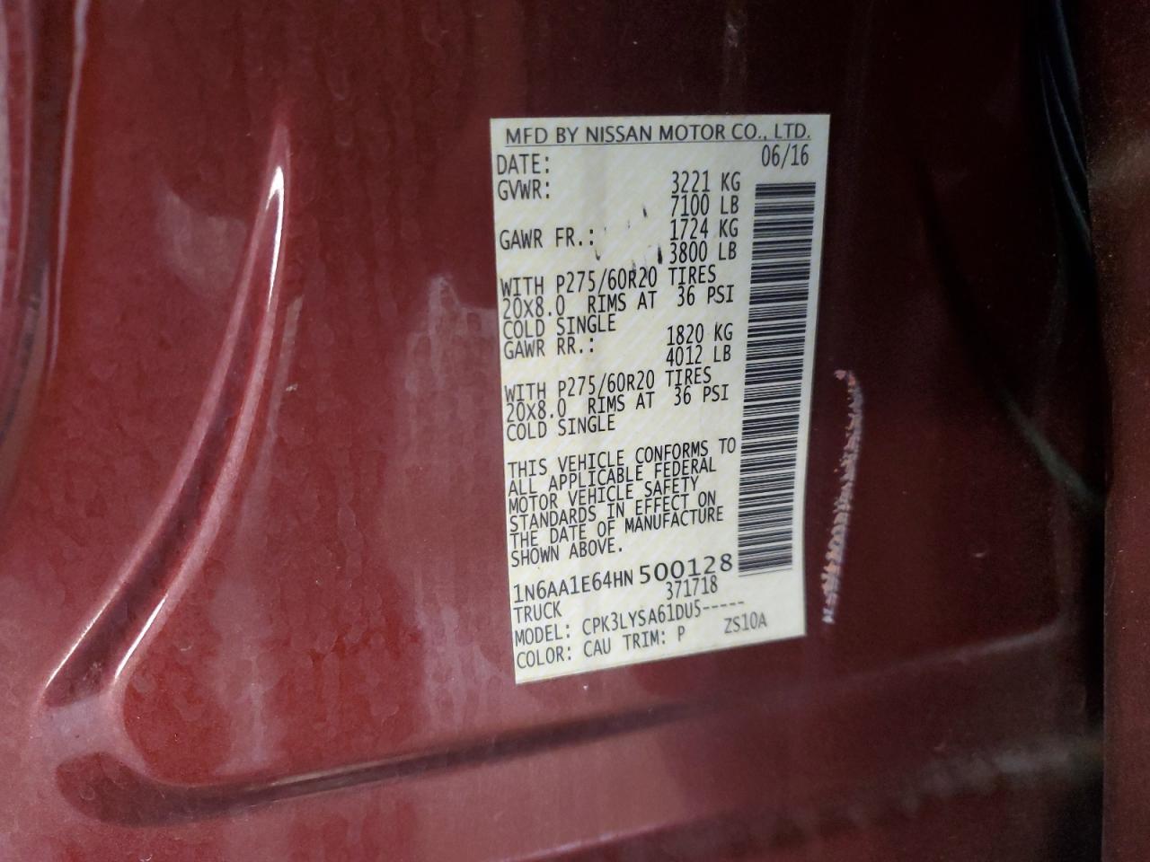 2017 Nissan Titan Sv VIN: 1N6AA1E64HN500128 Lot: 82186495