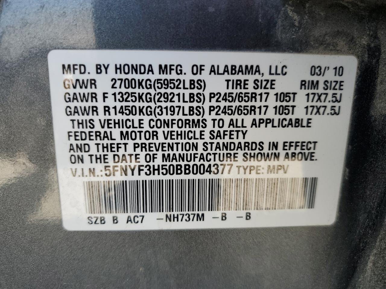 2011 Honda Pilot Exl VIN: 5FNYF3H50BB004377 Lot: 82298325