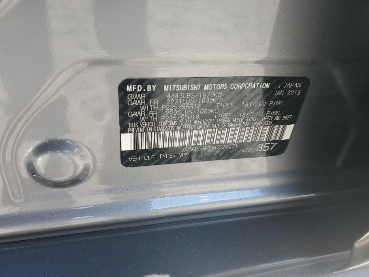 2019 Mitsubishi Outlander Sport Es VIN: JA4AP3AU6KU024571 Lot: 81806445