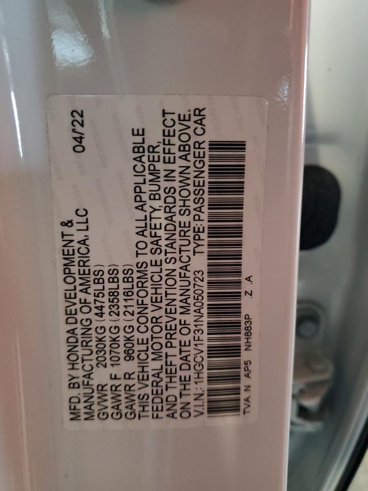 2022 Honda Accord Sport VIN: 1HGCV1F31NA050723 Lot: 85782925