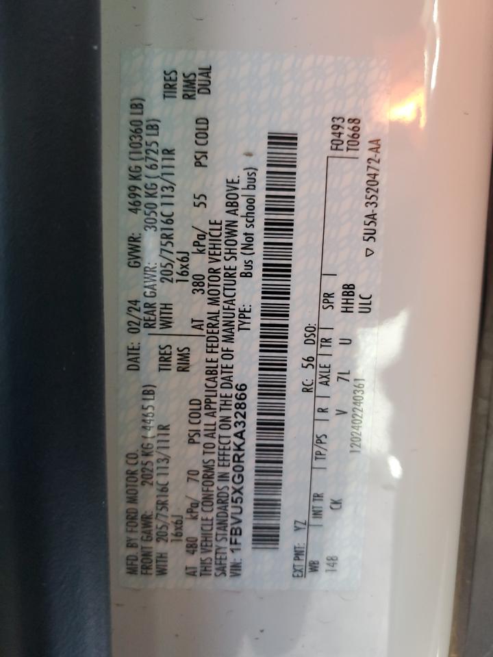 2024 Ford Transit T-350 Hd VIN: 1FBVU5XG0RKA32866 Lot: 85331855