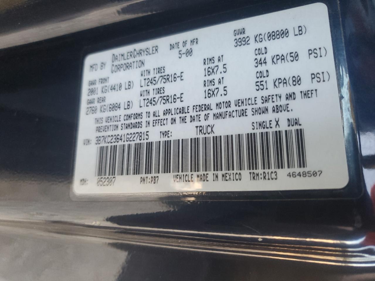 2001 Dodge Ram 2500 VIN: 3B7KC23641G227815 Lot: 87236115