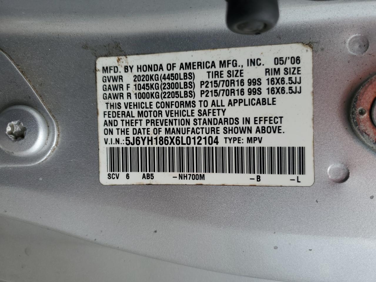 2006 Honda Element Ex VIN: 5J6YH186X6L012104 Lot: 86724095