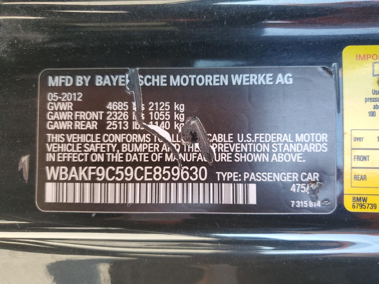 2012 BMW 335 Xi VIN: WBAKF9C59CE859630 Lot: 84958125