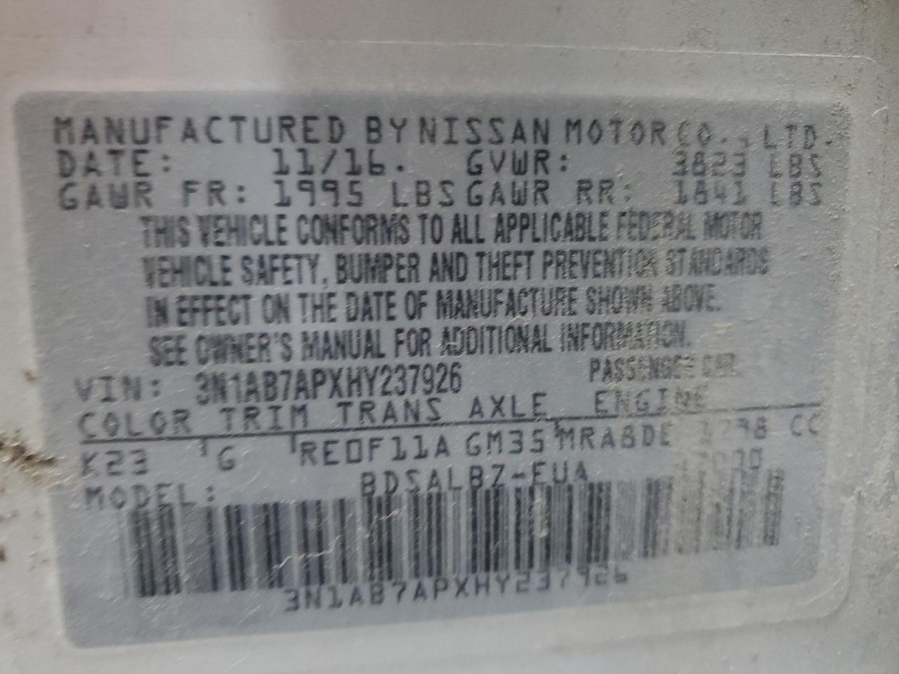 2017 Nissan Sentra S VIN: 3N1AB7APXHY237926 Lot: 85510385