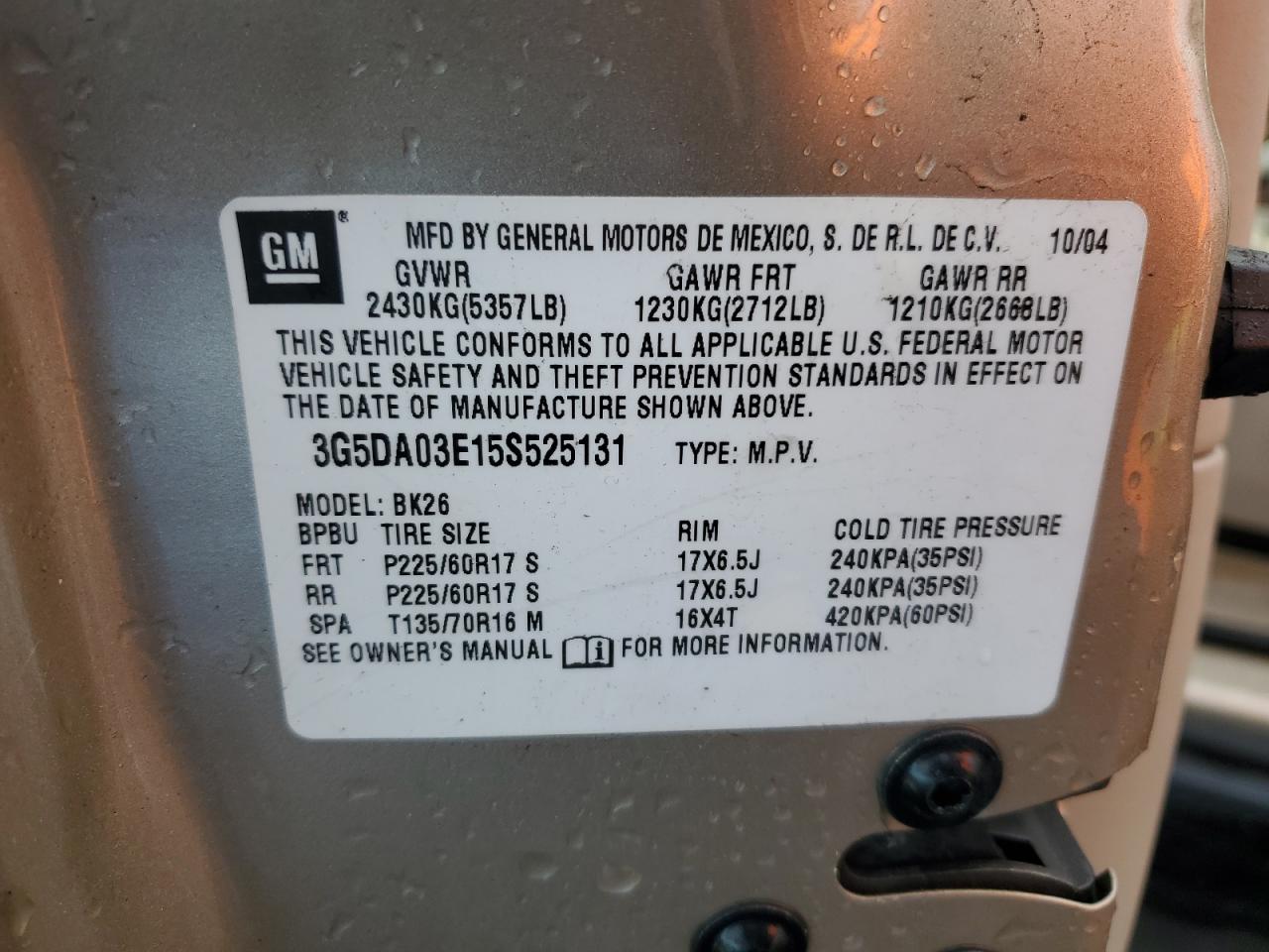 2005 Buick Rendezvous Cx VIN: 3G5DA03E15S525131 Lot: 86040635