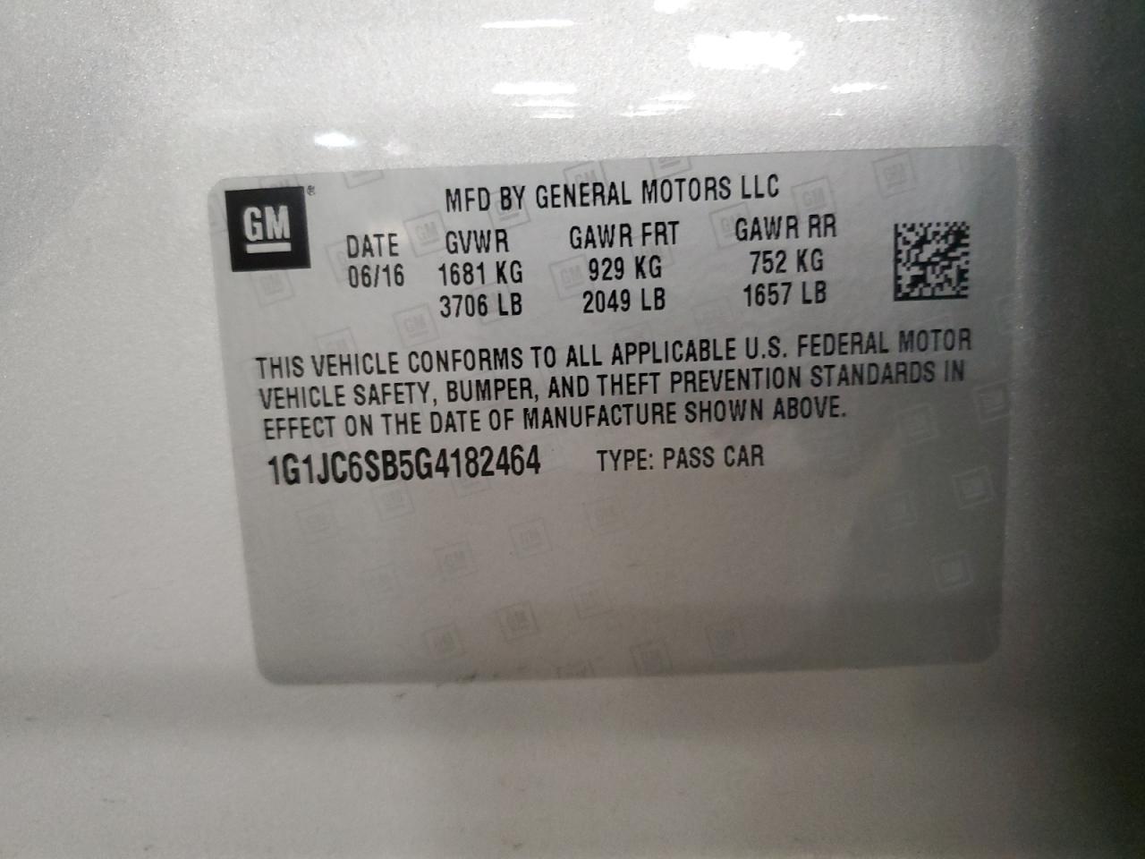 2016 Chevrolet Sonic Lt VIN: 1G1JC6SB5G4182464 Lot: 80868175