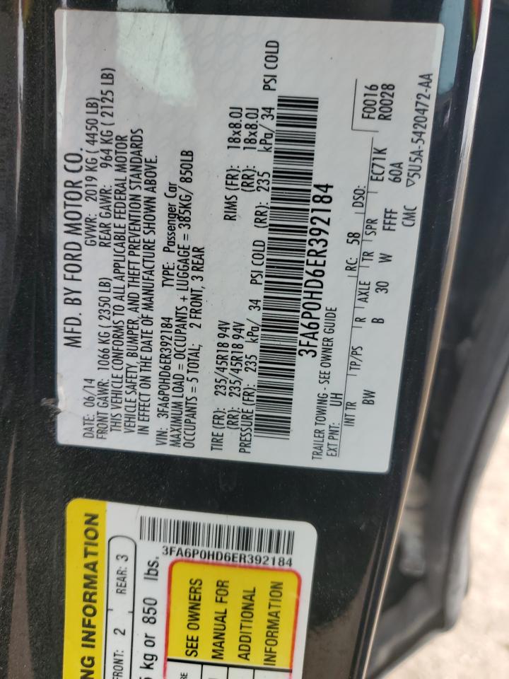 2014 Ford Fusion Se VIN: 3FA6P0HD6ER392184 Lot: 90386025