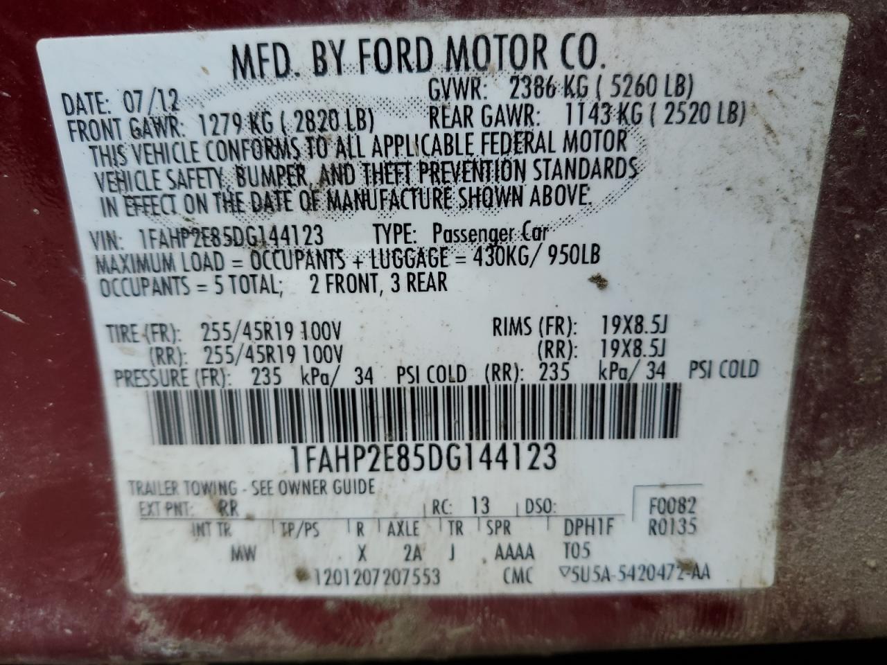 2013 Ford Taurus Sel VIN: 1FAHP2E85DG144123 Lot: 87090655