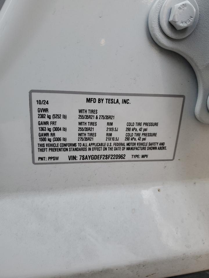 2025 Tesla Model Y VIN: 7SAYGDEF2SF220962 Lot: 90717525
