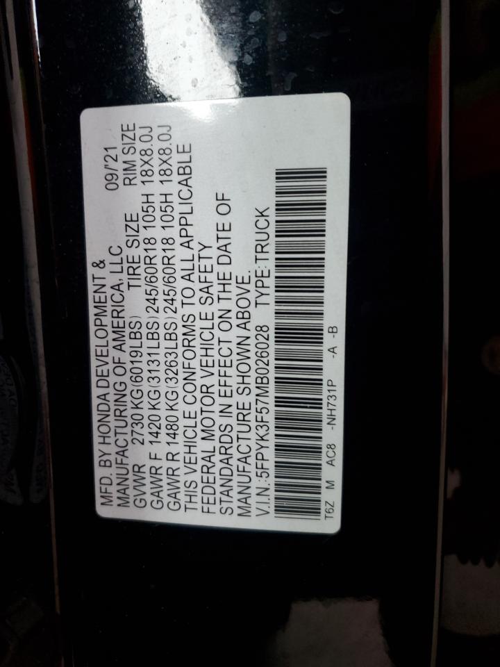 2021 Honda Ridgeline Rtl VIN: 5FPYK3F57MB026028 Lot: 85287325