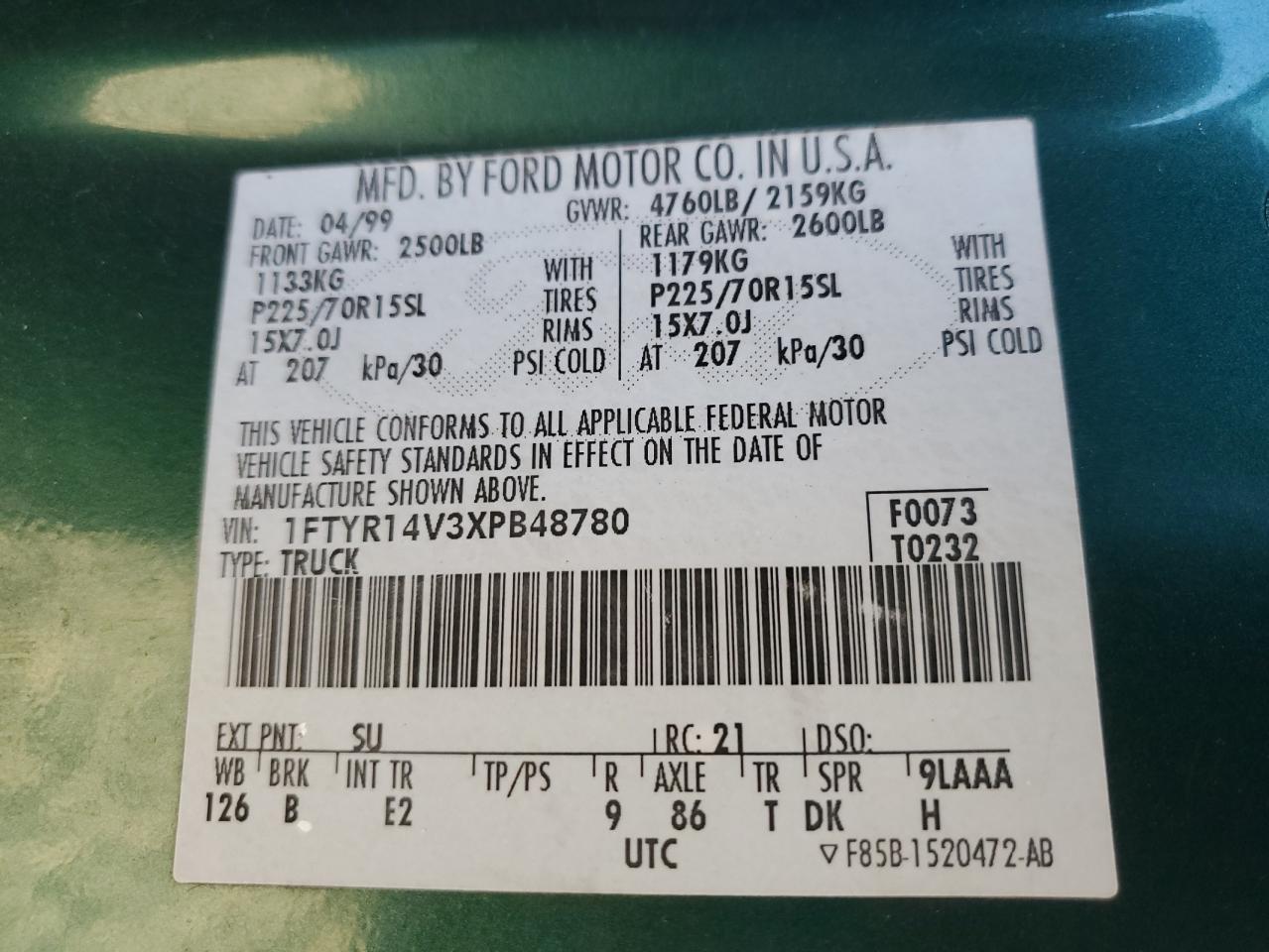 1999 Ford Ranger Super Cab VIN: 1FTYR14V3XPB48780 Lot: 85259385