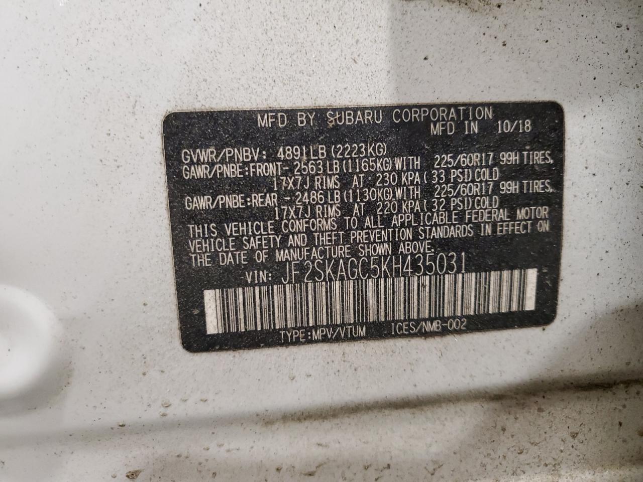 2019 Subaru Forester Premium VIN: JF2SKAGC5KH435031 Lot: 90297815