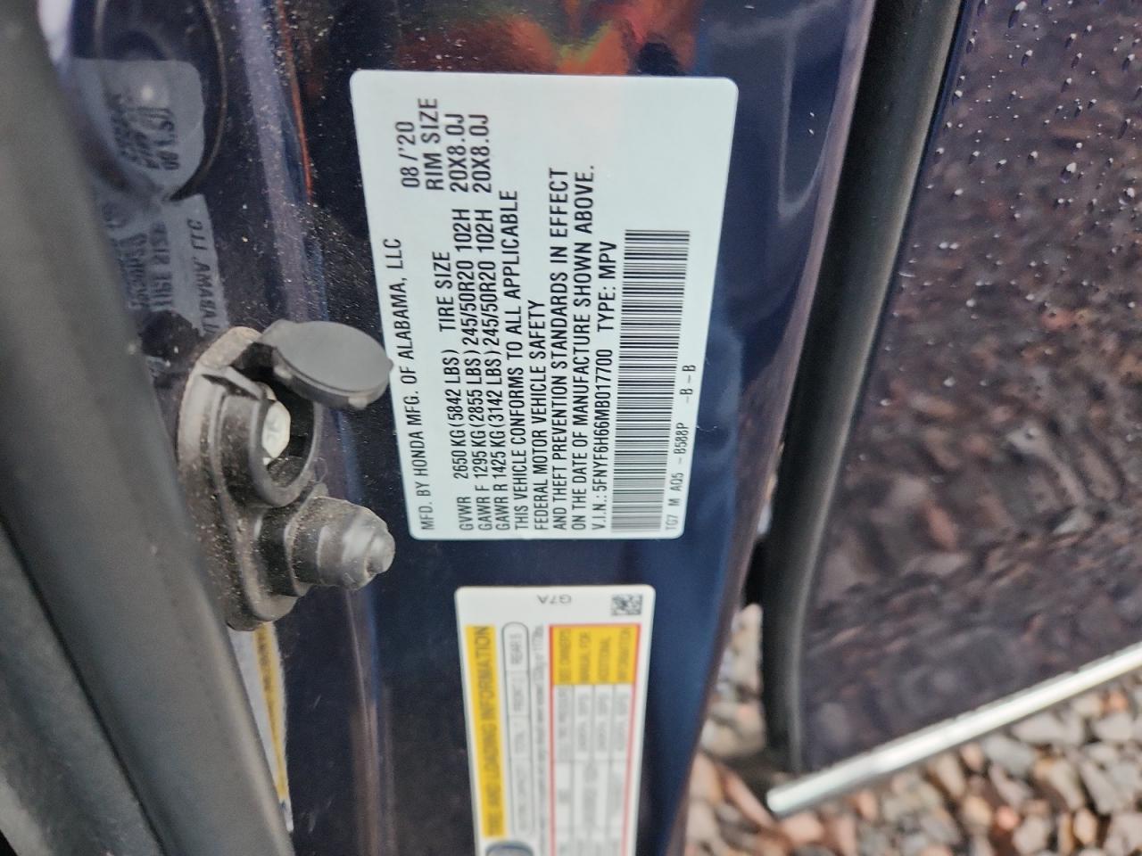 2021 Honda Pilot Touring VIN: 5FNYF6H66MB017700 Lot: 84460675