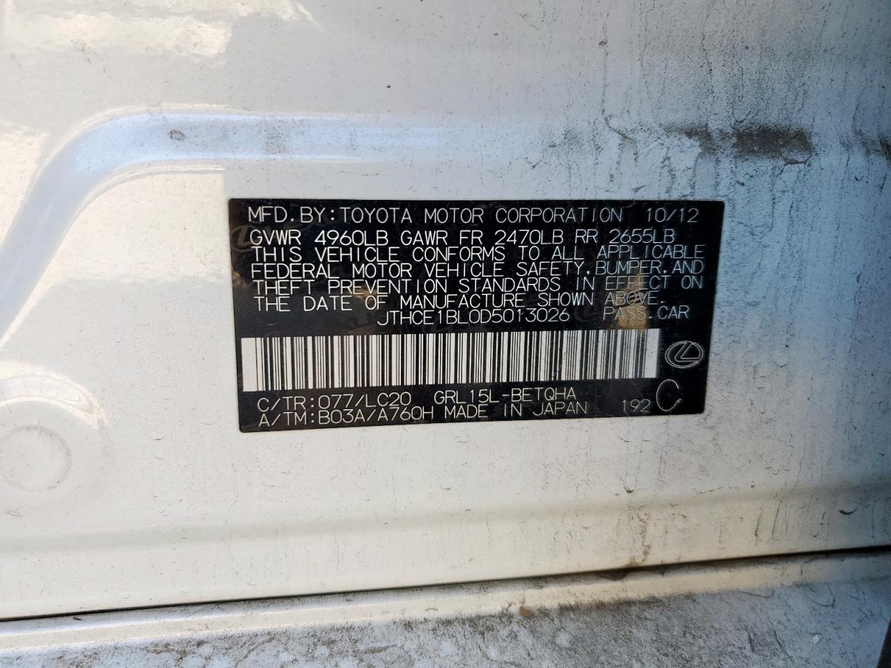 2013 Lexus Gs 350 VIN: JTHCE1BL0D5013026 Lot: 85404485